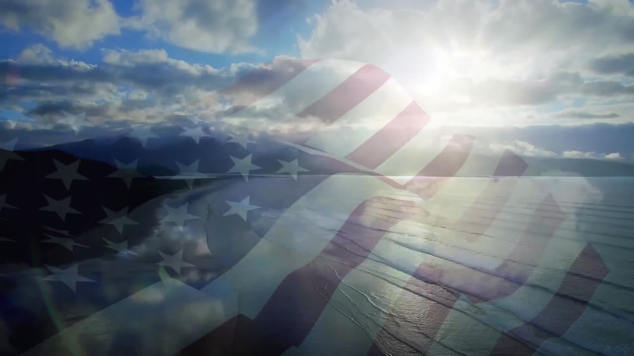 animación de la bandera de los estados unidos ondeando sobre el paisaje de la playa