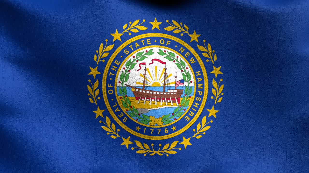 Video 4K en bucle sin fin. Bandera del estado de Nuevo Hampshire en los Estados Unidos de América, EE. UU., ondeando al viento aislada. Diseño abstracto patriótico oficial. Ilustración de renderizado 3D de un símbolo de señal ondeando.