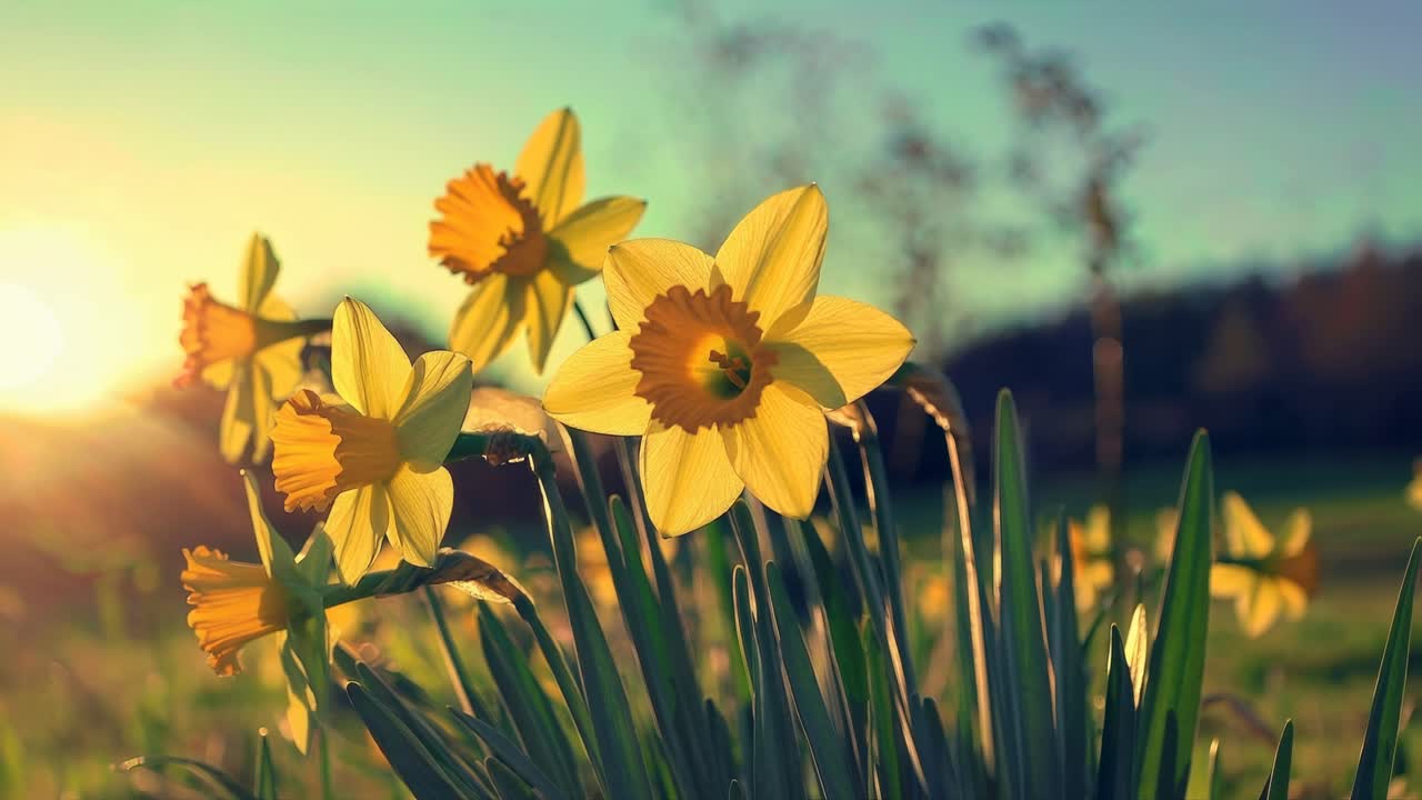 Low-angle shot of daffodils in a sunlit field, capturing a serene, natural vibe