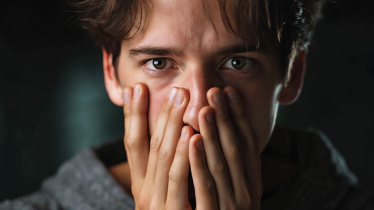 Giovane uomo si tiene il viso tra le mani, gli occhi spalancati dallo stress. Le sue mani incorniciano gli occhi, mostrando un'emozione intensa. Lo sfondo scuro enfatizza la sua espressione ansiosa.