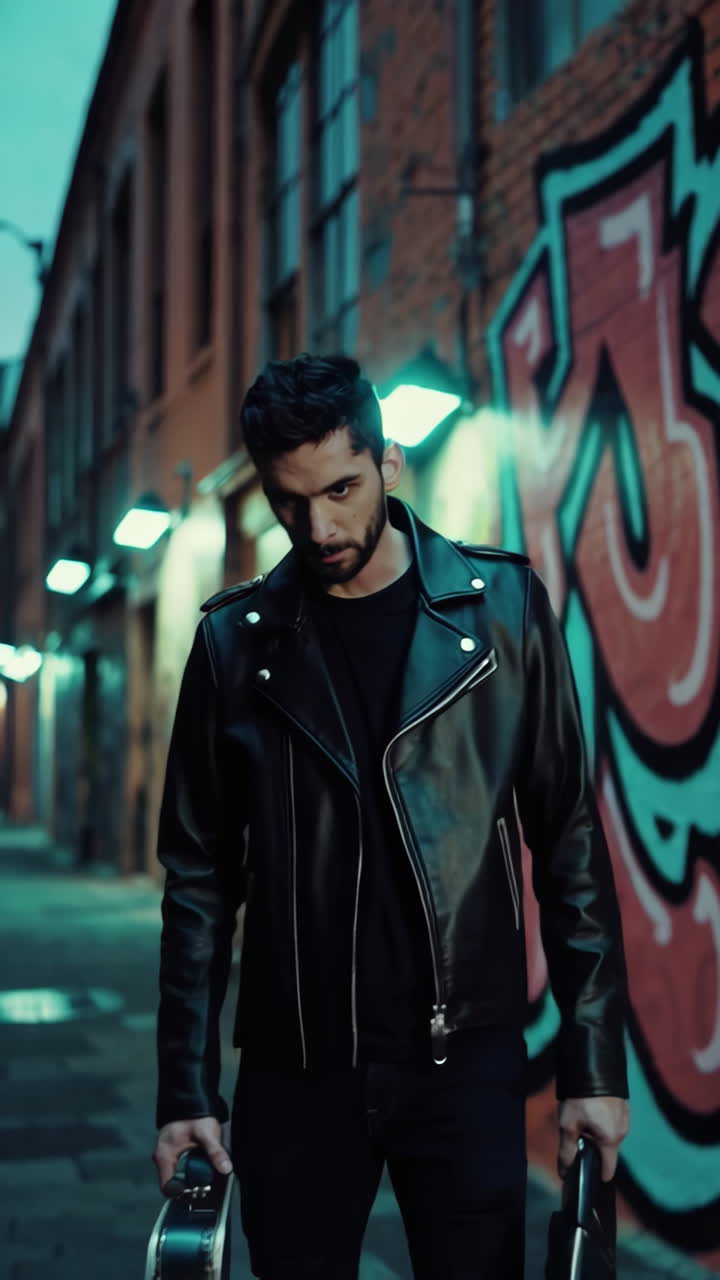 Man in Leather Jacket Walking Down a Graffiti-Covered Alley at Night