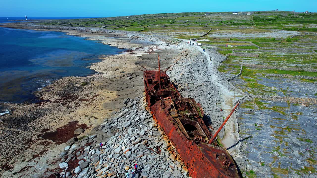 Ireland drone flying over shipwreck on Inisheer Aran Islands in Galway Bay Wild Atlantic Way in summer