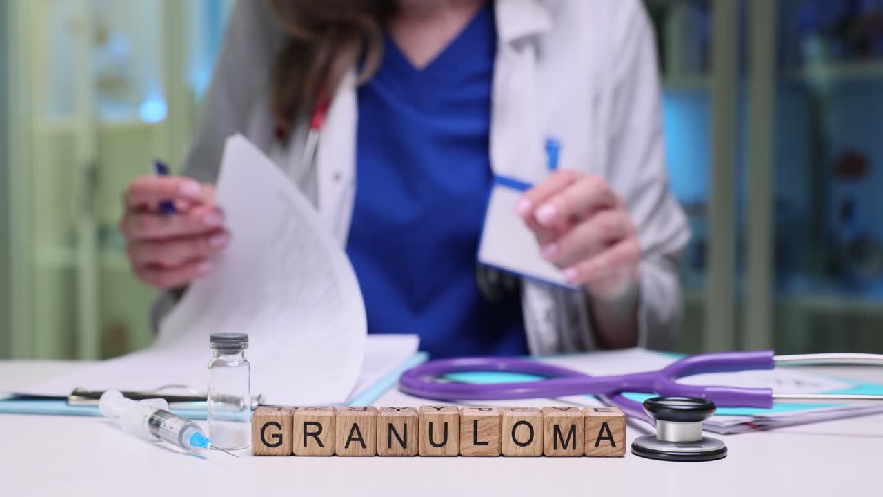 Cubos de madeira em miniatura formam a palavra granuloma com um médico à mesa.