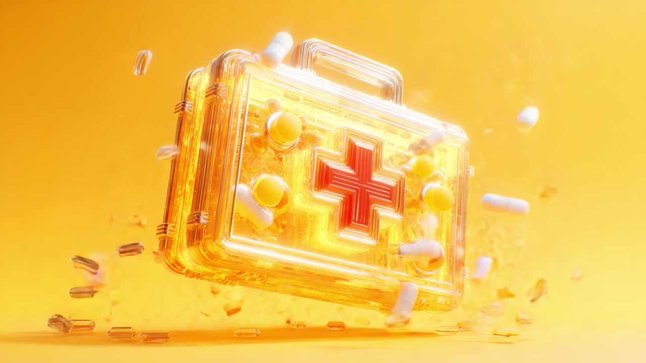 A Vibrant Digital Representation of a First Aid Kit Surrounded by Colorful Pills and Capsules, Highlighting Health, Safety, and Medical Preparedness