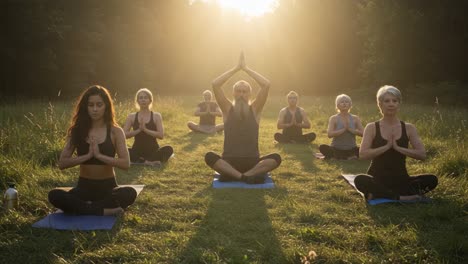 a serene morning yoga session in nature: a group of practitioners connecting with their inner selves amidst the beauty of a golden sunrise
