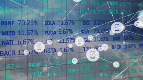 animation of network of digital icons over stock market data processing against clouds in the sky