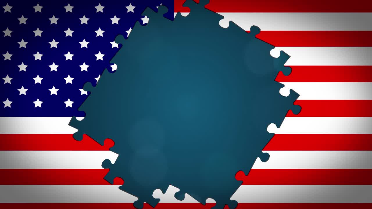 Animazione della bandiera americana formata da pezzi di puzzle che rivelano uno sfondo blu
