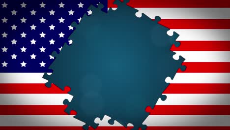 Animation-of-American-flag-formed-with-puzzle-pieces-revealing-blue-background.