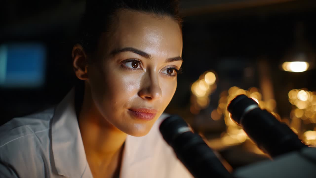 A focused researcher examines cellular structures under a microscope, capturing the essence of scientific inquiry, innovation, and dedication to the advancement of knowledge in a dimly lit laboratory