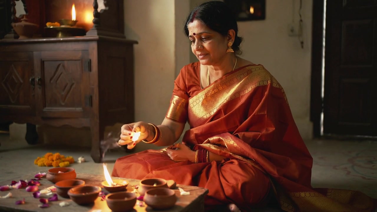 Leaning forward, midlife Indian woman in red saree gold jewelry lighting diyas at home for prayer