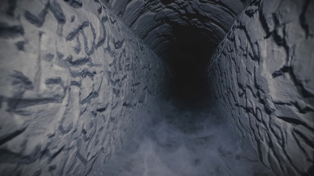 Low angle view capturing a mysterious, dark tunnel with textured walls, fog swirling along the ground, evoking an eerie and spooky atmosphere filled with suspense and intrigue