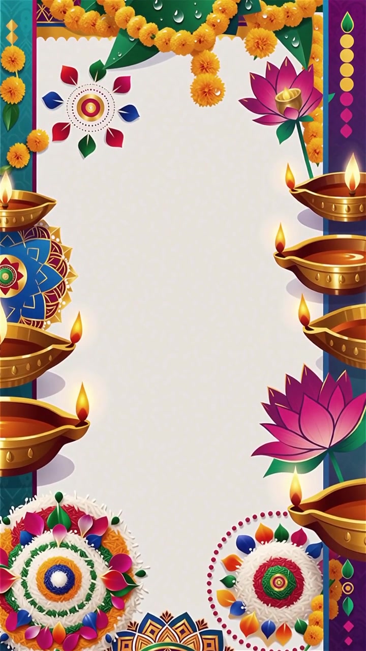 Sfondo Diwali con Diyas luminosi, Rangoli e fiori di loto