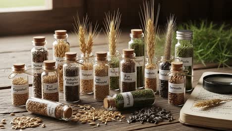 a collection of seed varieties displayed in glass containers showcasing agricultural diversity and natural elements on a rustic wooden table