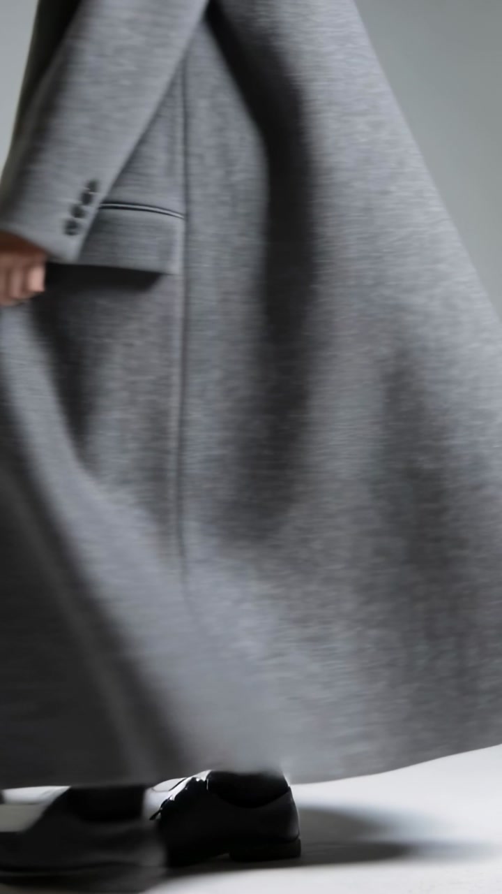 Vertical video: Stepping model showcasing long gray coat movement in studio, showing black shoes