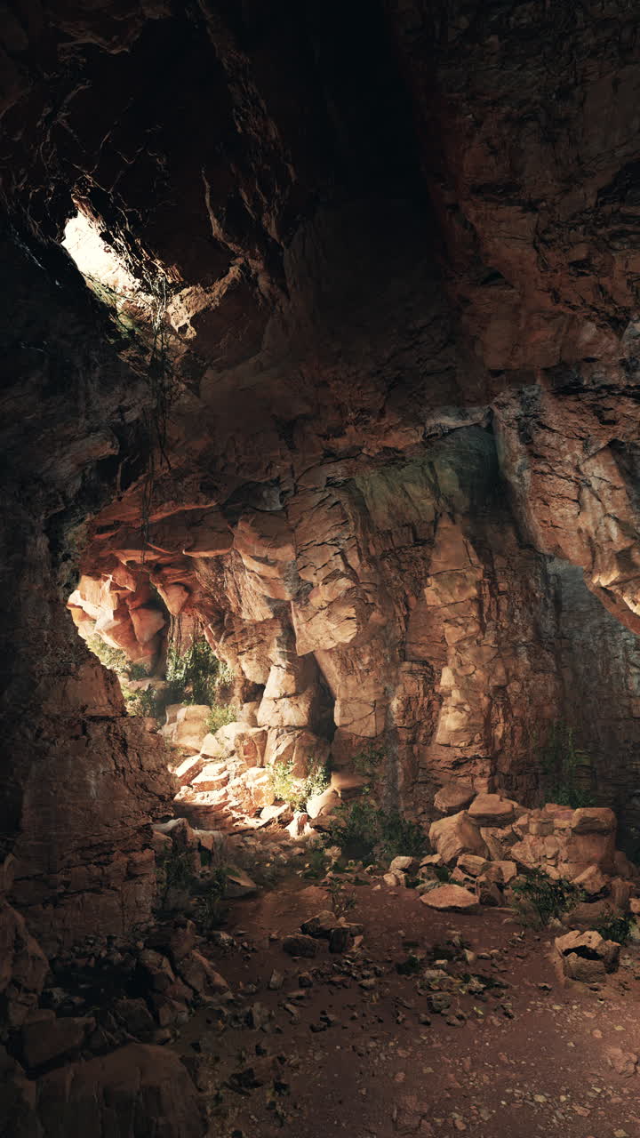 una entrada oscura de la cueva con la luz brillando a través