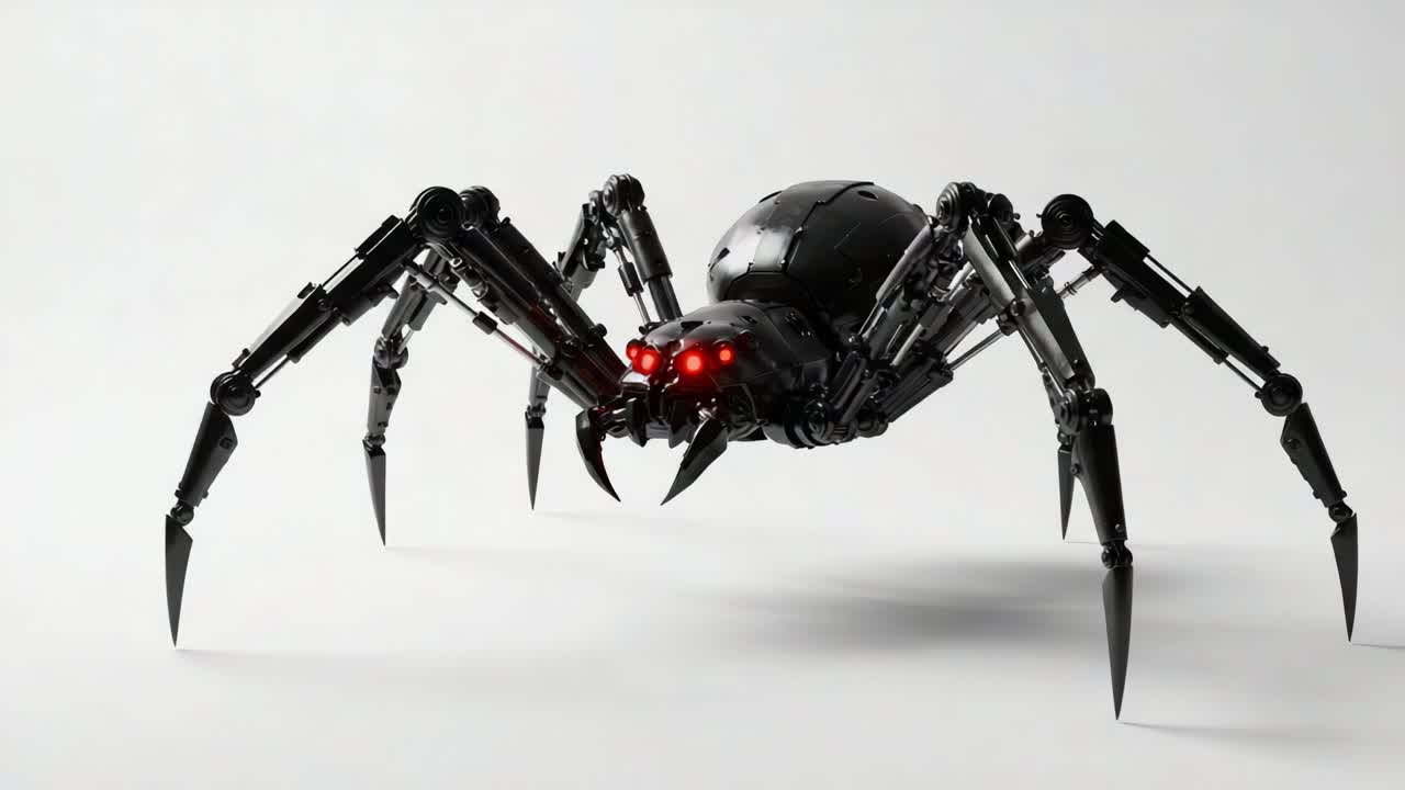 Et nært møde med en højteknologisk robotedderkop med røde øjne og indviklet mekanisk design, fanget over to forskellige rammer for et unikt perspektiv.