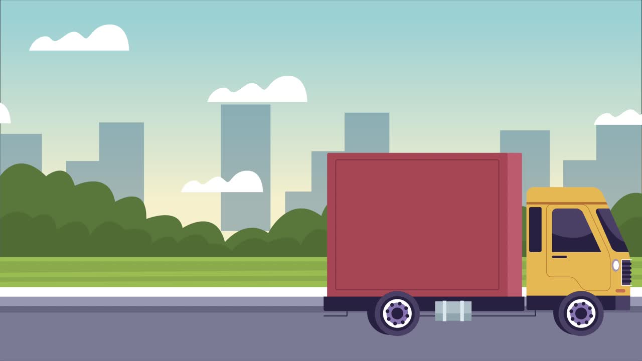 도시에서 트럭과 함께 물류 서비스 애니메이션