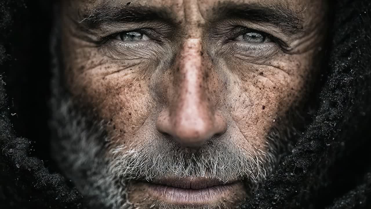 A Profound Portrait of Resilience: Capturing the Intense Gaze and Weathered Features of a Man Embracing Life's Trials in a Gritty Atmosphere
