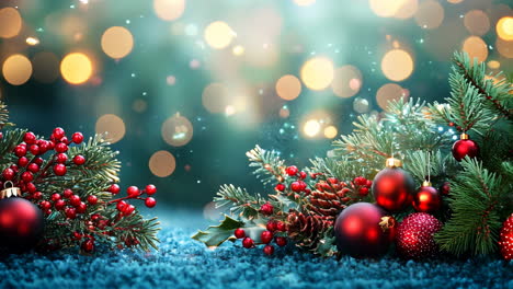 a blue background with red and green christmas decorations. the decorations include red and green berries, pine cones, and red and green ornaments