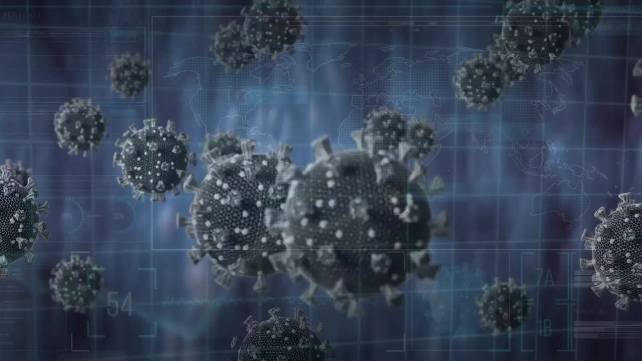 animación de las células de covid 19 y procesamiento de datos a través de la red