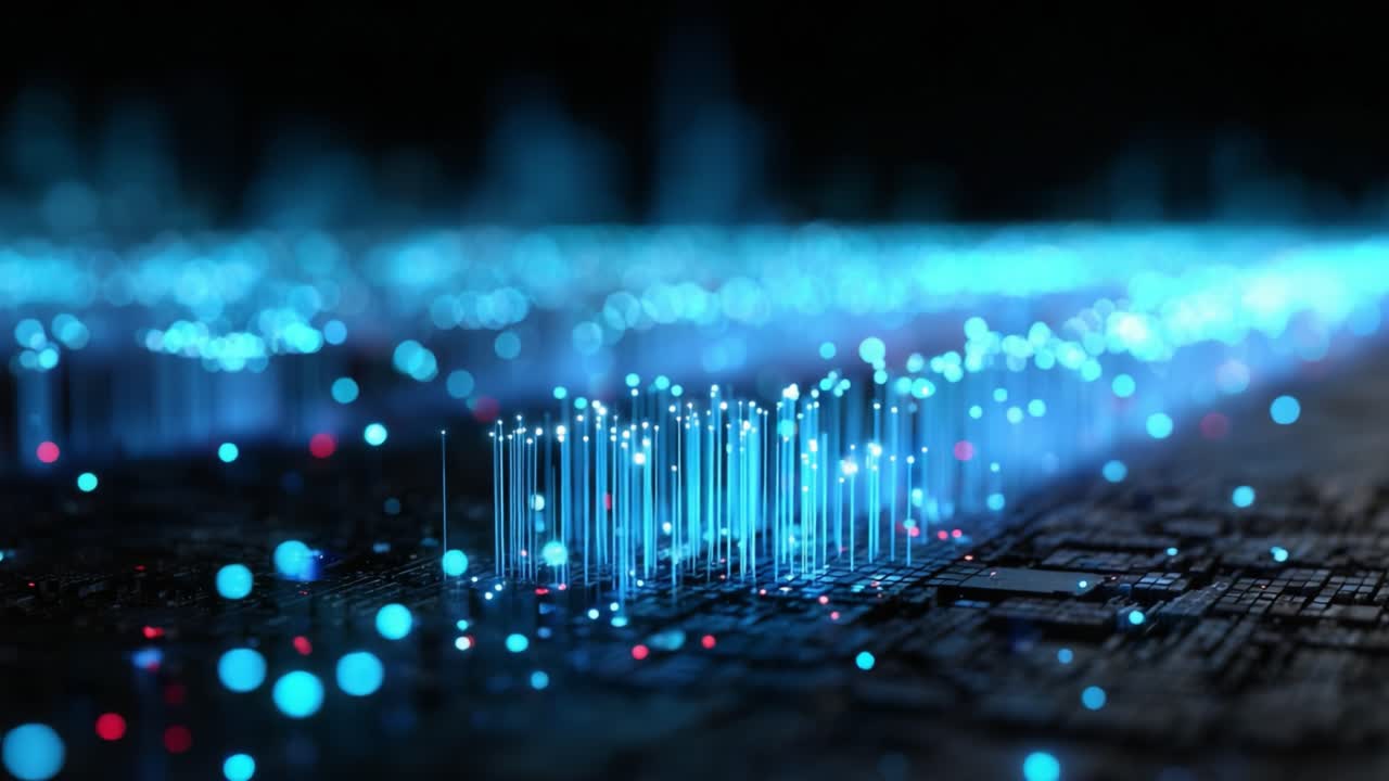 An Immersive Journey into the Digital Realm: Vibrant Blue and Red Light Pulses Emanate from a Complex Circuit Board, Capturing the Essence of Modern Technology and Connectivity