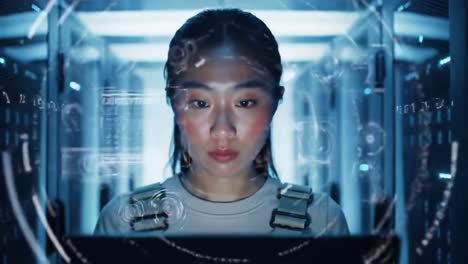 captivating focus: a modern visionary analyzes data in a high-tech environment, surrounded by futuristic interfaces and illuminated displays