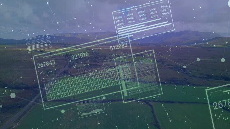 Particelle bianche fluttuanti, con pannelli di dati che appaiono e aggiornano statistiche agricole su una valle.