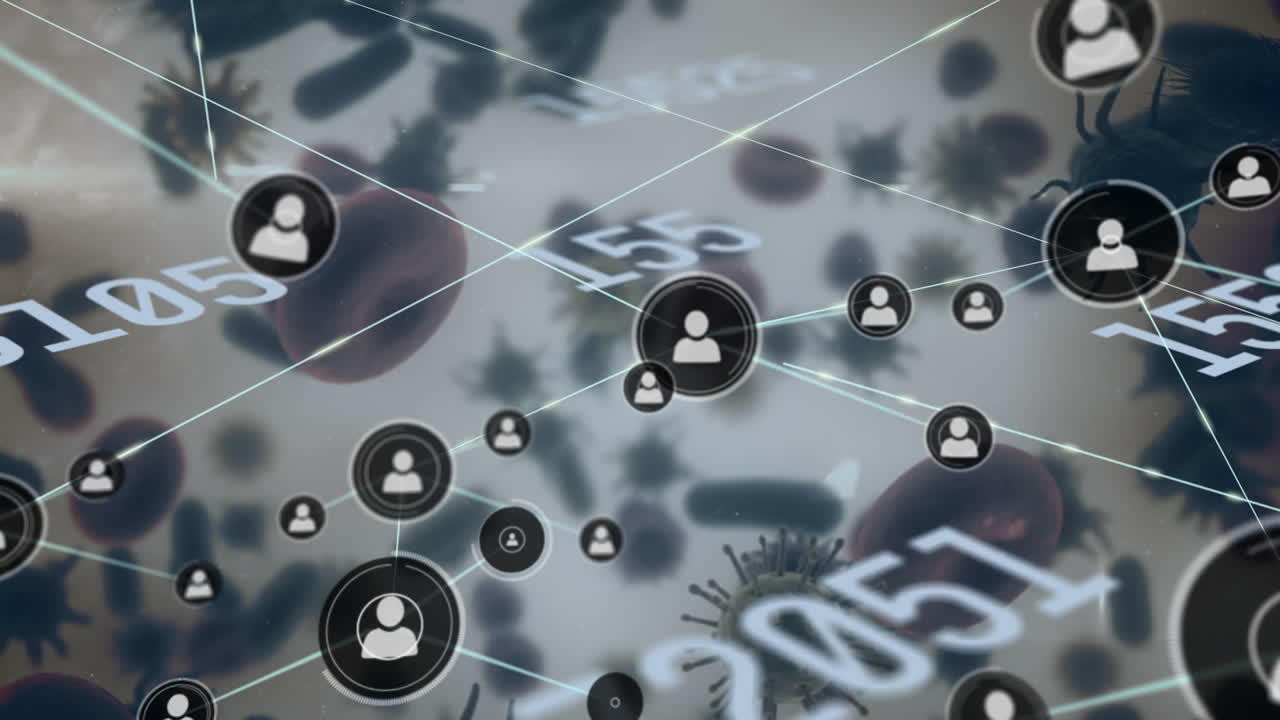 animación de números cambiantes y red de conexiones con iconos digitales