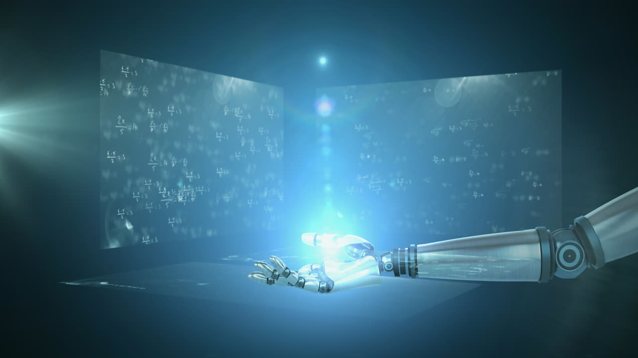 파란색 바탕에 수학적 방정식이 있는 화면에 대한 로 ⁇  손 위에 빛의 반점이 있습니다.