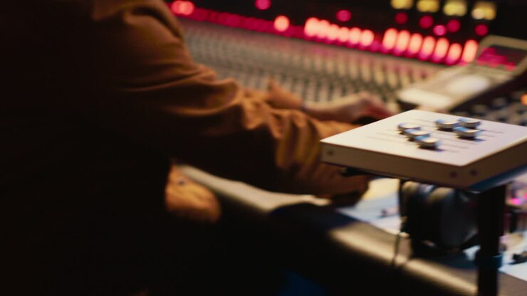 Skilled musician performing in control room at studio and recording tracks