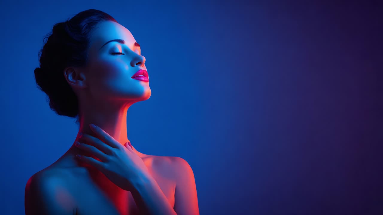 Un retrato cautivador de una mujer bañada en una hermosa iluminación azul y roja, que irradia gracia y serenidad mientras posa con confianza.