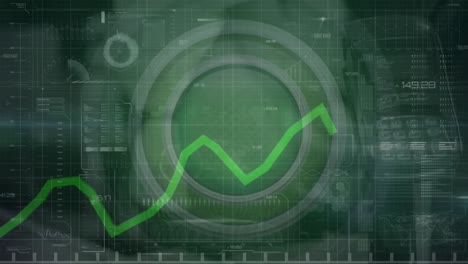 Animation-of-graph-over-loading-bars,-changing-numbers-against-circles,-dense-clouds-in-background