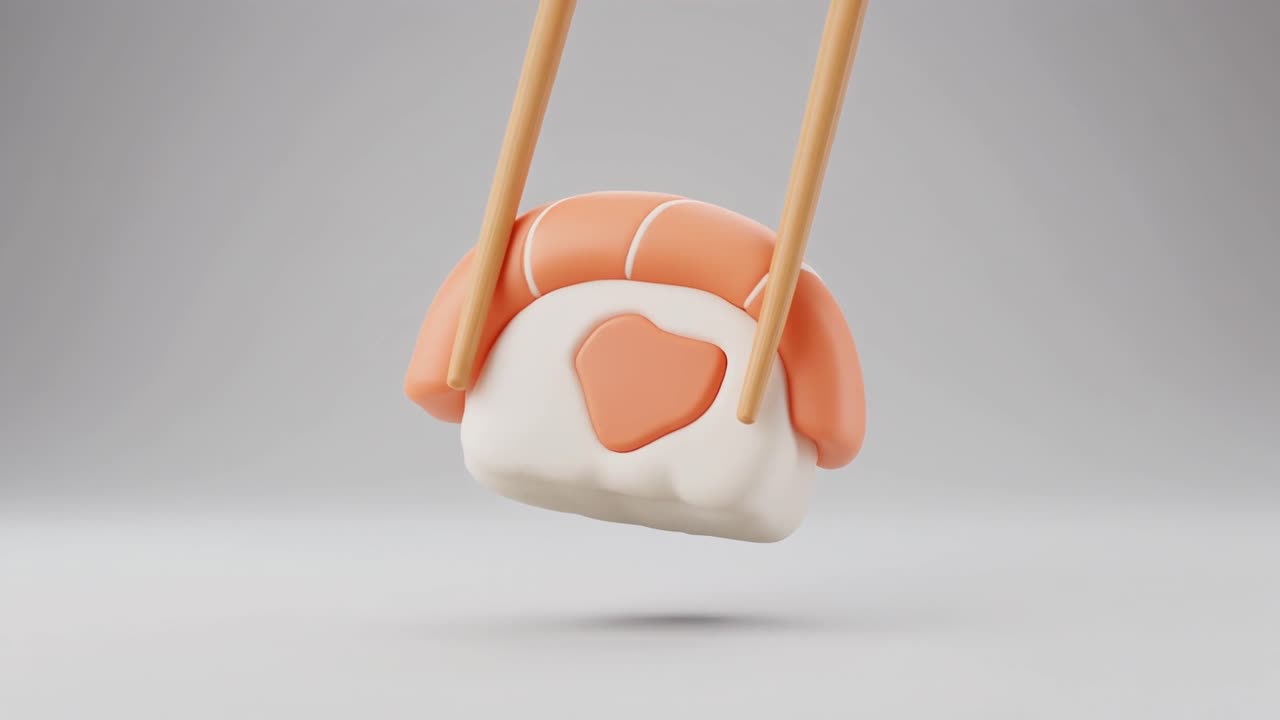 Sushi nigiri animato a forma di cuore tenuto da bacchette