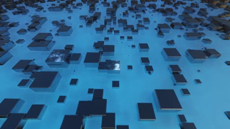 4k looped animation. flight over hi tech pattern on plane surface, neon glow, complex elements and structure. 3d objects form sci fi surface 3d pattern. information technology, futuristic hardware