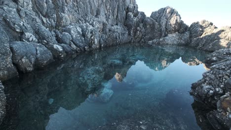 clear water surrounded by tall rock