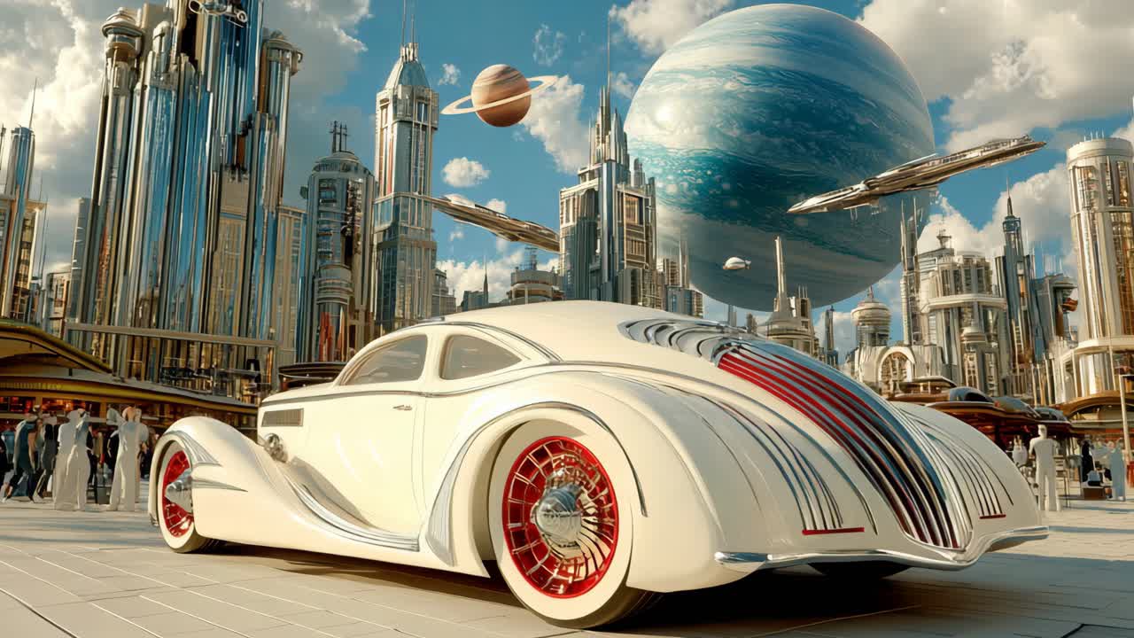 Futuristic City with Retro Car and Spaceships
