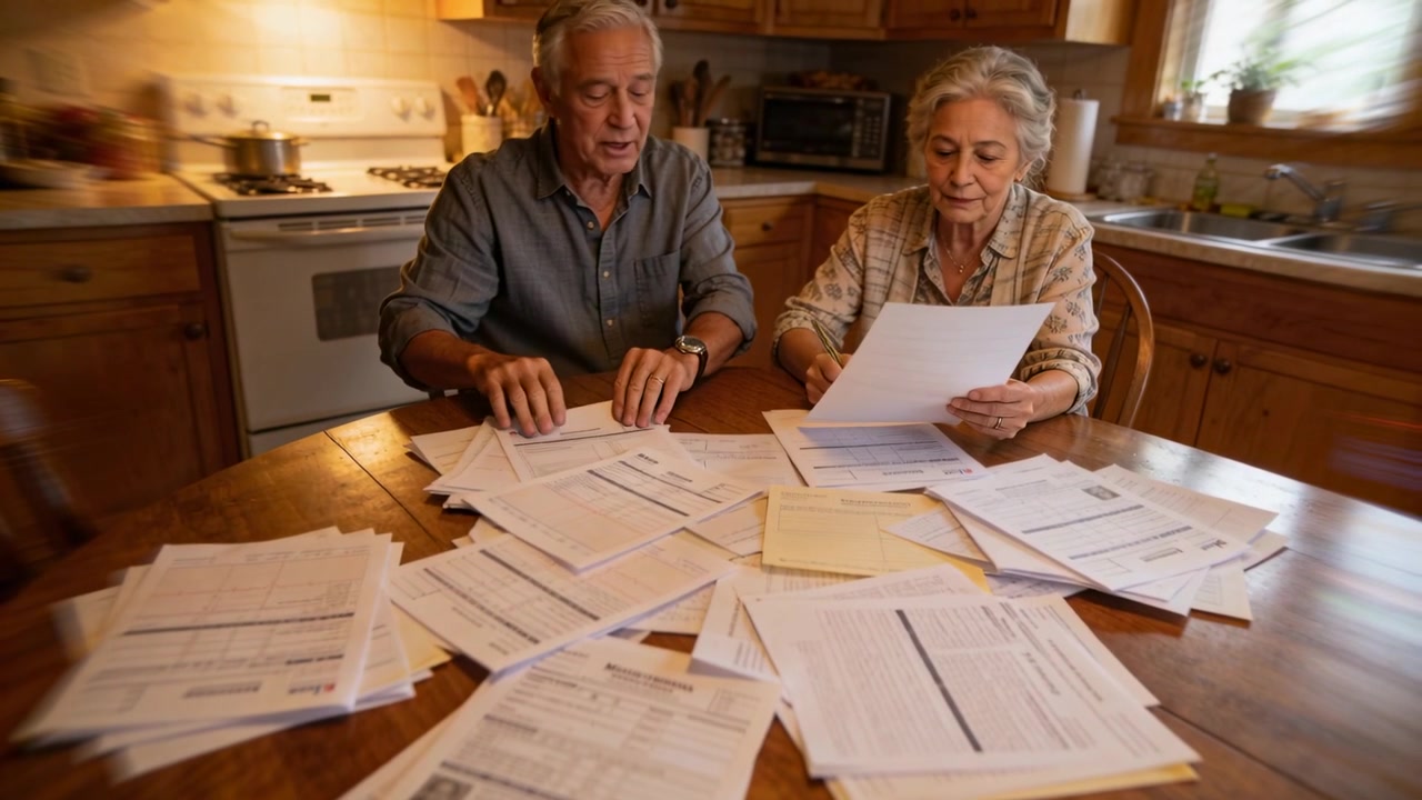 Woman reading sheet aloud, senior couple sorting bills in kitchen with papers, shirt and blouse