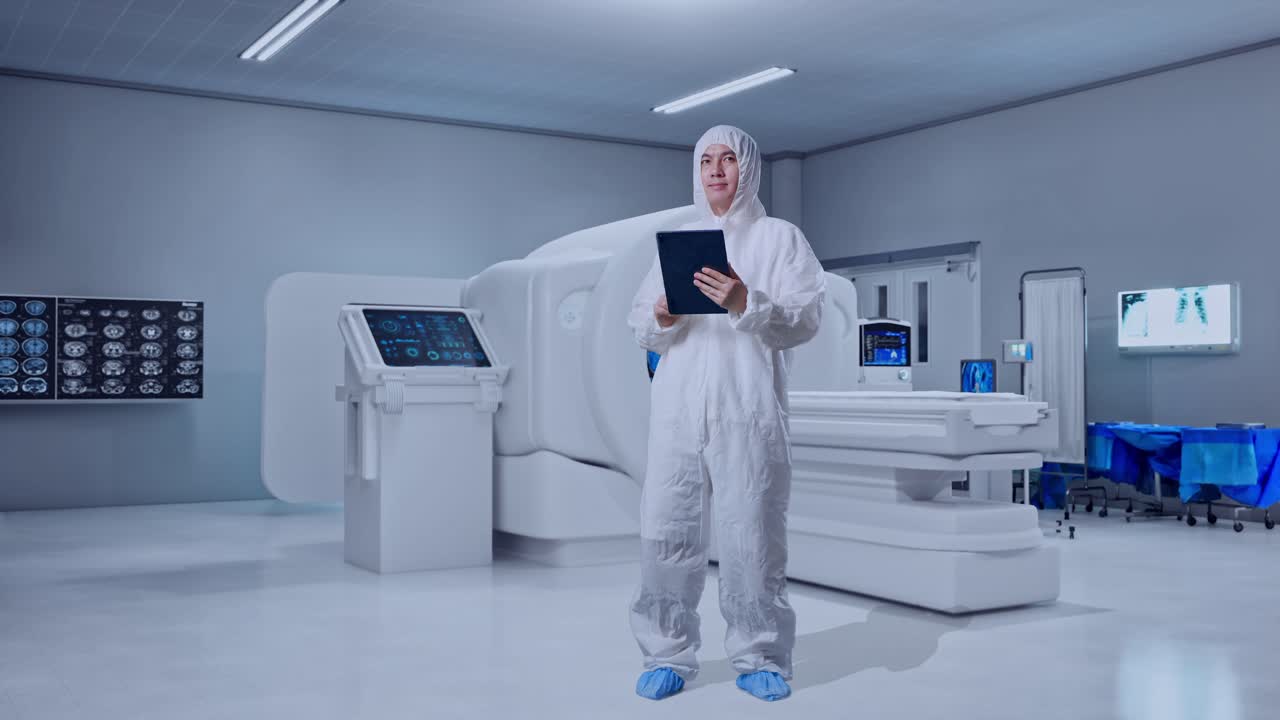Full Body Of Asian Male Scientist Using A Tablet And Looking Around While Standing With MRI Machine In The Hospital