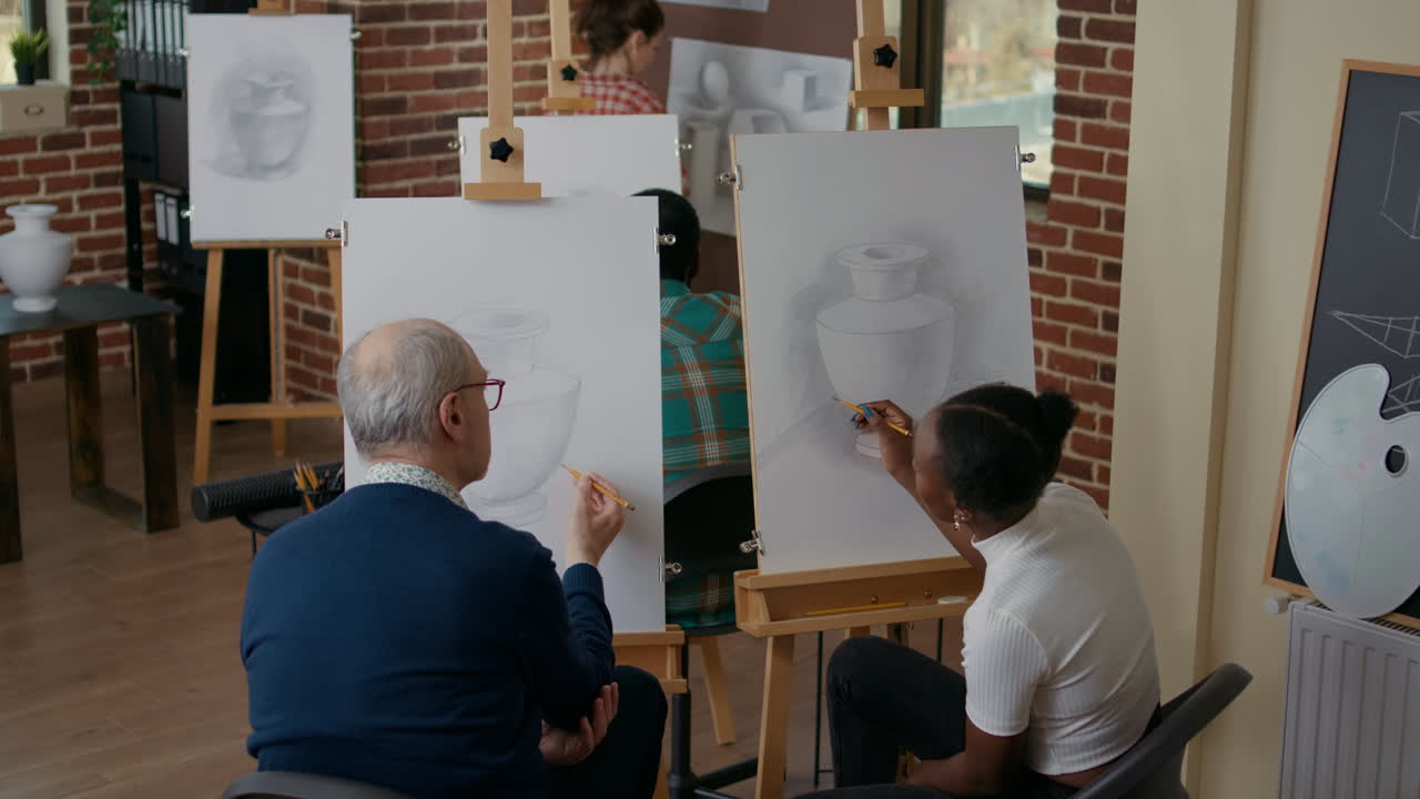Multi ethnic team of people learning drawing technique together