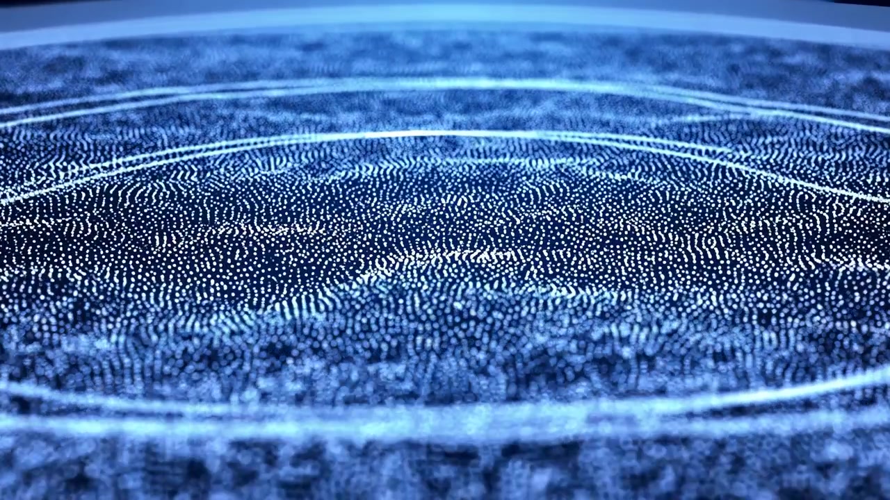 Low-angle abstract scene showing dense white blue particles arranged into concentric curved rings, bright horizontal arcs, deep blue gradient backdrop, and strong luminous depth for futuristic