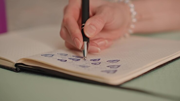 Weiße Frau zeichnet zu Hause Fitness-Tracker-Symbole in ein gepunktetes Notizbuch mit Stift und Perlenarmband, Nahaufnahme von Fingern und Tuschestrichen, sorgfältige Gewohnheitsplanung, ordentliches, organisiertes Layout und sanfter Nachmittag.