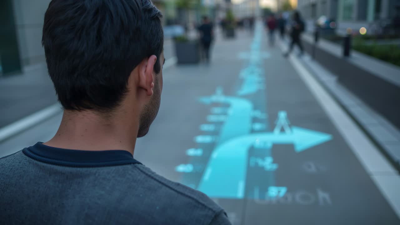 Following cyan projection appearing, man in grey top walking in office corridor toward right turn