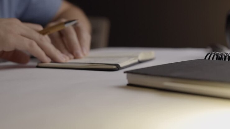 Static shot of a man opening a small book and writing something down in a moody atmosphere
