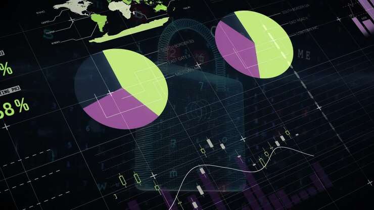 Animation of financial data processing over online security padlock