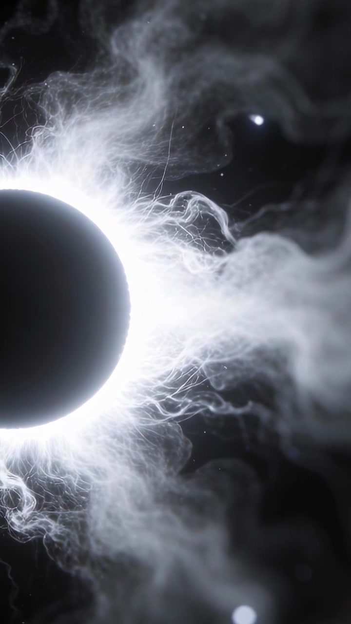 Vertical video: Flaring corona on dark sphere sending filaments and orbs across nebula, copy space