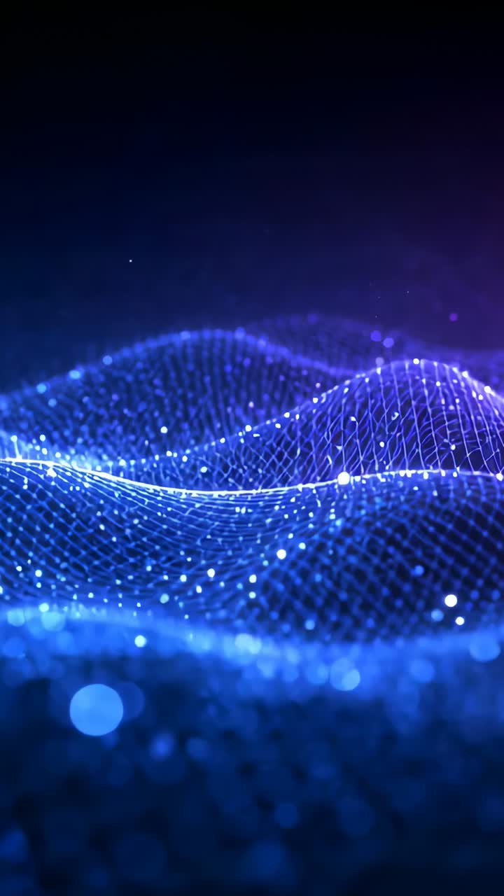 Vertical video: Opening wireframe grid undulating in 3D, looping with glowing nodes and bokeh