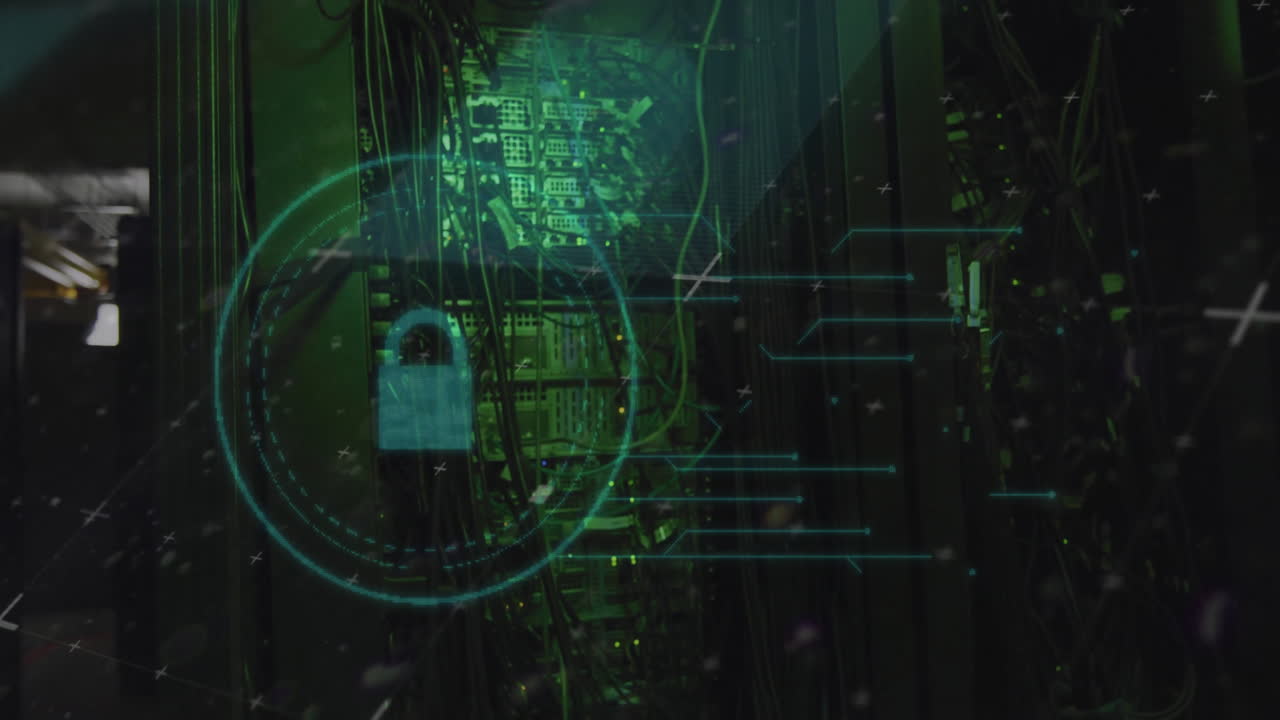 Animation of padlock and digital data processing over computer servers