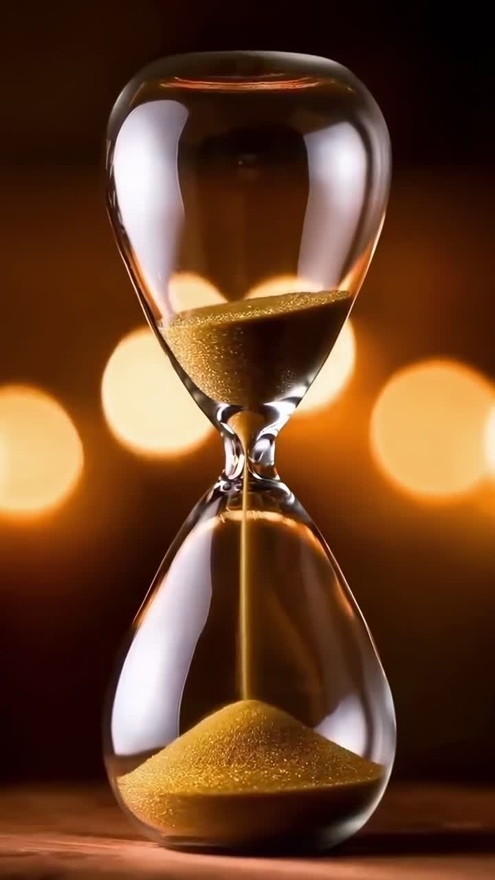 Close-up video of an hourglass with golden sand, captured at eye level against a bokeh background