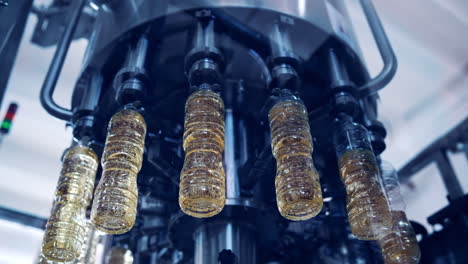 modern equipment of cooking oil production. automated machine turning in circle with bottles filled with sunflower oil in the factory. new technologies in industry.