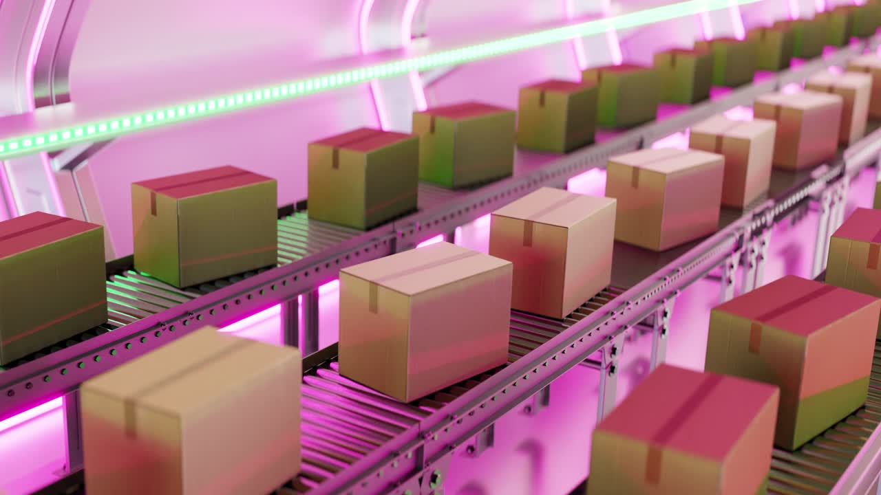 Warehouse reflecting in pink light with carton boxes on conveyers. 3d loop
